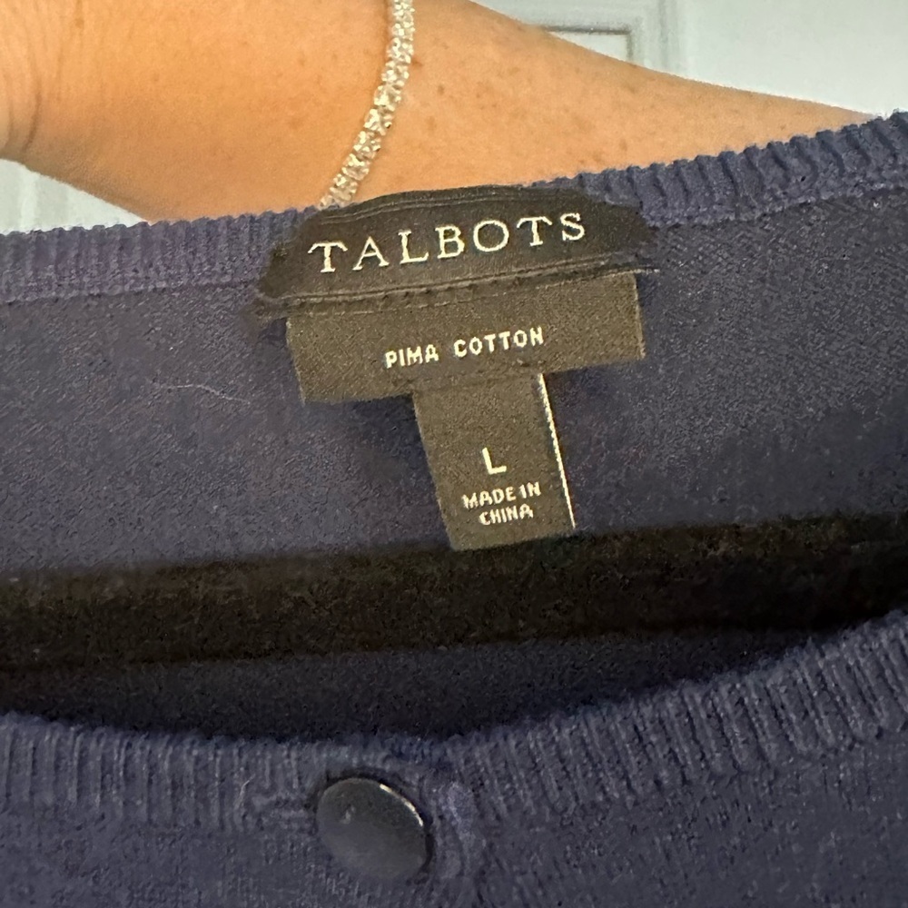 Talbots Cardigan Top Lace Trim Short Sleeve Button Down Navy Blue Size L - Picture 4 of 4